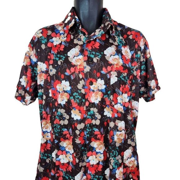 Vintage 70s Button Up Shirt Mens Size M Red Brown Floral Polyester Dagger Collar